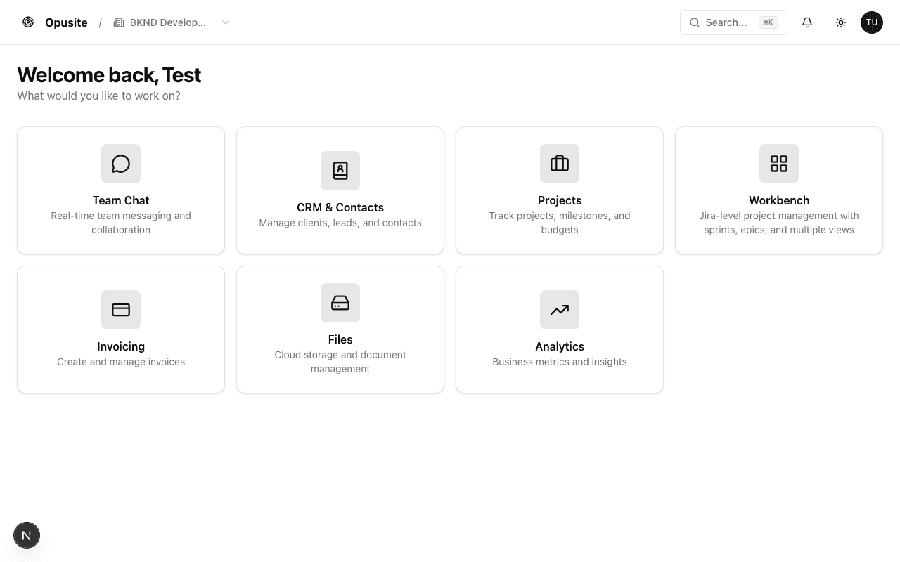 Opusite Dashboard - Your unified workspace with CRM, Projects, Workbench, and more