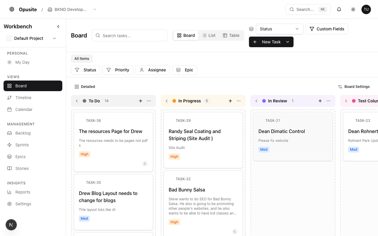 Opusite Workbench - Kanban board with tasks, sprints, epics, and multiple views