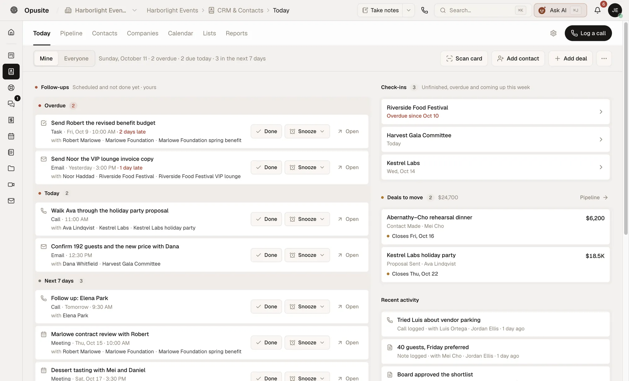 Opusite's CRM Today screen with overdue follow-ups, check-ins and deals to move