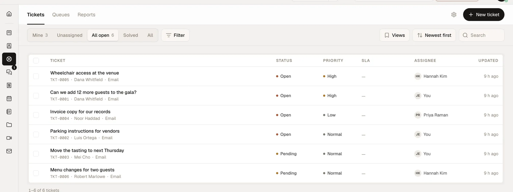 Opusite's Help Desk ticket list with status, priority and assignee columns