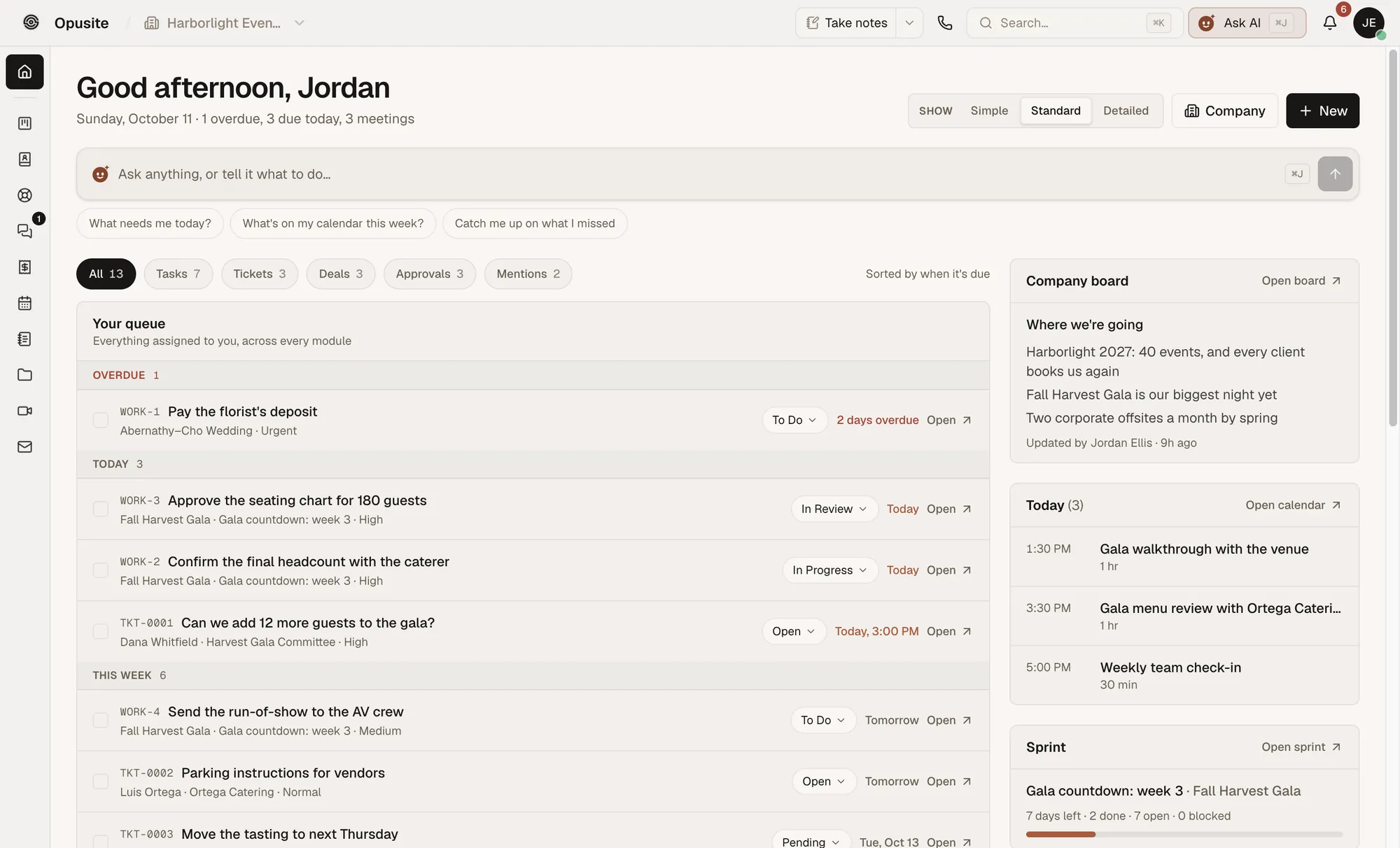 Opusite's Home screen with one queue of overdue and due-today tasks and tickets, today's meetings and the company board